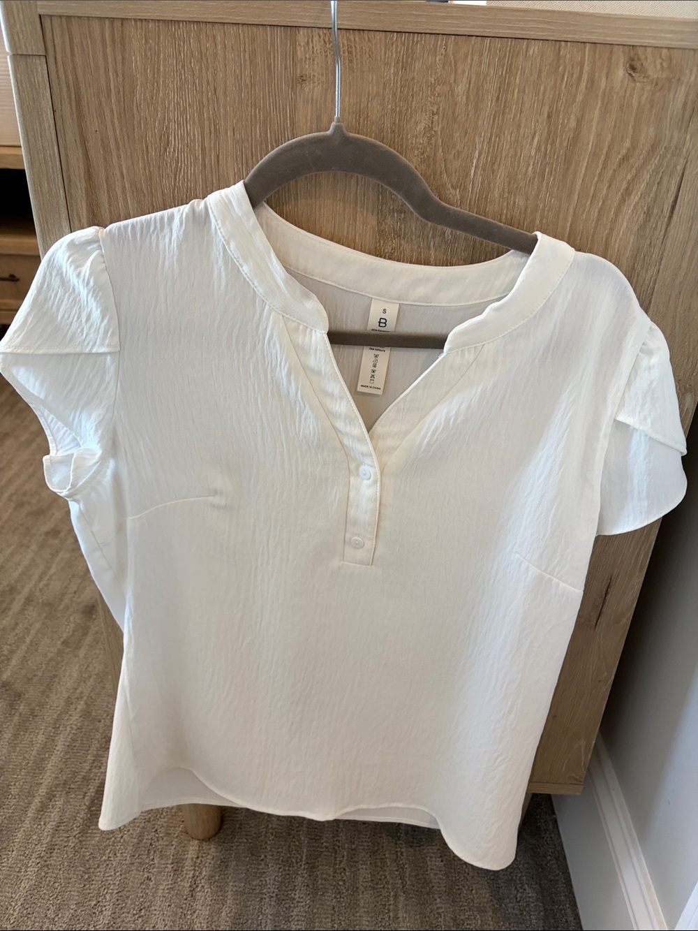 Women's White Henley Flutter Sleeve Blouse